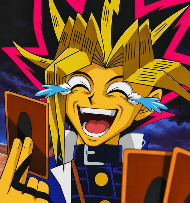 A vibrant anime illustration of a spiky blonde-haired character laughing with tears of joy streaming from his eyes, set against a dramatic pink and dark background.