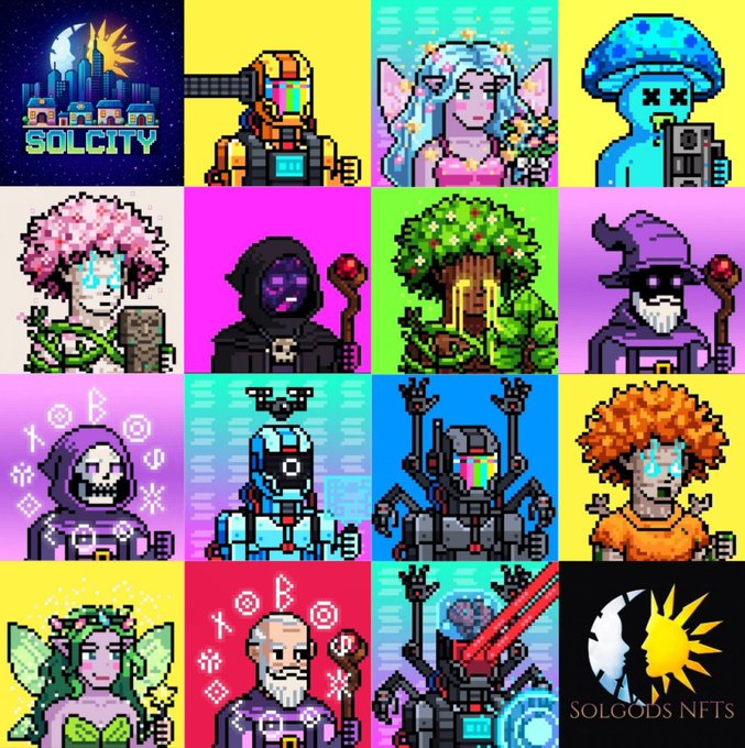 Pixel art collage showcasing 'SOLCITY' and 'SOLGODS NFTS' collections, featuring various character sprites including robots, wizards, fairies, and warriors on colorful backgrounds.