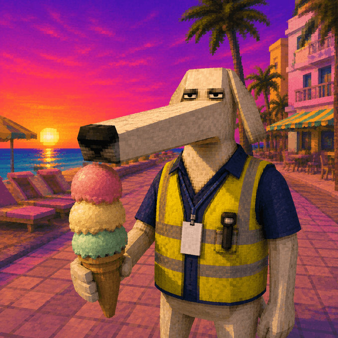 A low-poly 3D rendered dog character wearing a yellow safety vest holds a triple-scoop ice cream cone against a vibrant sunset beach backdrop.