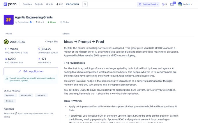 The image shows a screenshot of a job application form for an idea submission process. The form displays the title "Ideas + Proposal" along with a list of questions that need to be answered, such as "What is your name?" and "How much time do you think it will take?". The post also mentions that the first application has been accepted by SuperteamIN for an idea related to building many things in Solana.