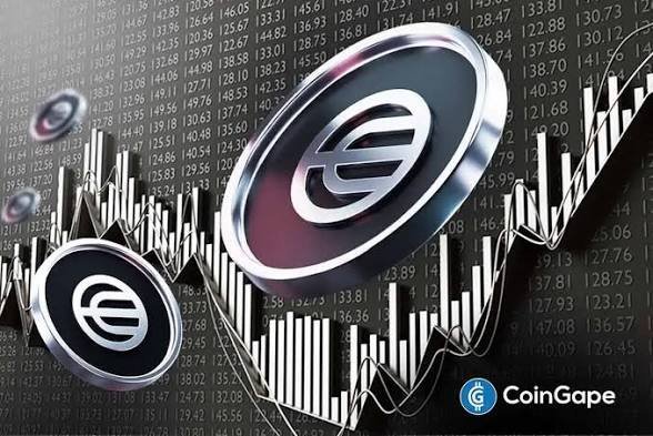 A cryptocurrency-themed graphic featuring stylized coin icons overlaid on stock chart patterns with numerical data in the background, with a 'CoinGape' logo in the bottom right corner.