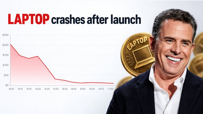 A graphic titled “LAPTOP crashes after launch” pairs a sharply declining red stock-style chart with a portrait of a smiling man and a gold “LAPTOP” coin.