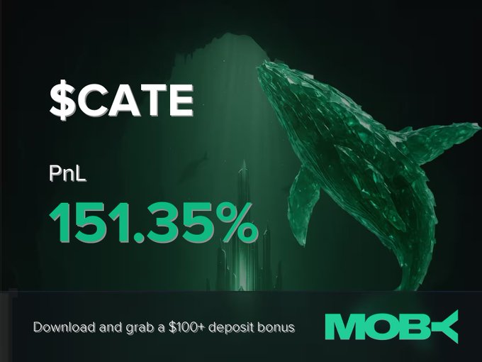 A Moby promotional graphic displays a winning $CATE trade alert with a PnL of +151.35% alongside a glowing green whale illustration, and includes a call-to-action to download the app and grab a $100+ deposit bonus.