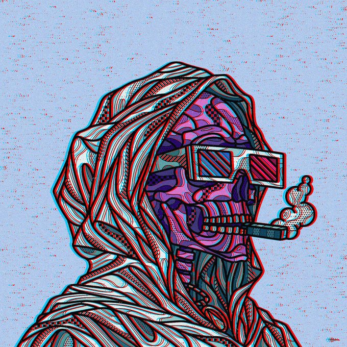 A vibrant pop-art style illustration of a hooded figure wearing glitch-effect pixelated sunglasses with 3D-style visual distortion against a speckled blue background.