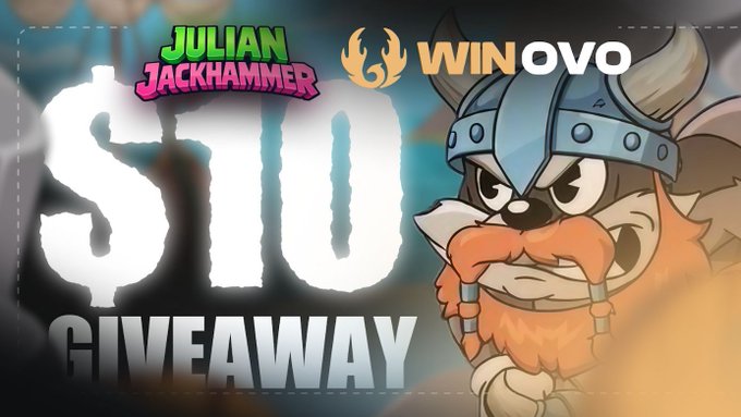 The image features a graphic of an orange Viking with blue horns wearing a helmet featuring the text "JULIAN IS GIVING AWAY $10". The poster appears to be promoting a game or app, possibly a shopping app for wallets, given its reference to "@ Julian Jackhammer & @ winovocasino Follow @ JulianJackhamer ... Winner picked 24hrs".
