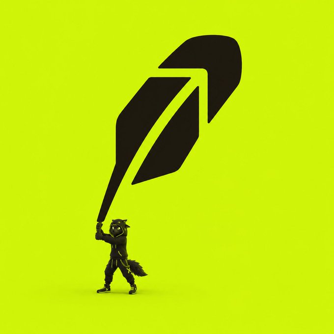 A small raccoon mascot in a black outfit swings a giant black sword against a bright neon green background, visually representing a "whale" or major holder making a bold move. The striking imagery complements the post's message about utility coins on the Robinhood chain, suggesting investors should pay attention to these highlighted tokens like $pons, $index, $wire, and $slv.