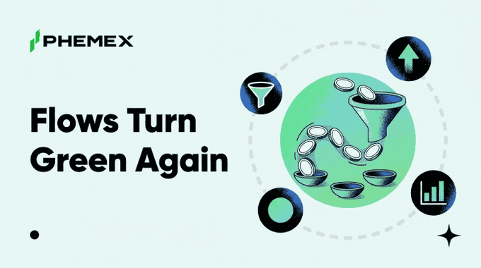 The image is a promotional graphic from Phemex titled "Flows Turn Green Again," featuring a funnel pouring coins alongside icons of a filter, upward arrow, bar chart, and circle—visually representing the shift from net redemptions to positive inflows in HYPE ETFs as described in the caption.