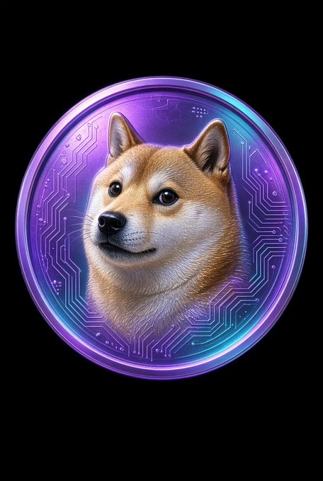 Stylized crypto coin featuring a Shiba Inu dog's face set against a purple circuit board background.