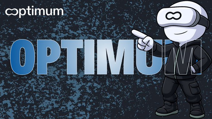 The image shows the Optimum logo with a cartoon mascot wearing a VR headset pointing at the word "OPTIMUM" in bold blue text on a textured dark background. This visual ties to the post about blockchain network performance and information propagation speed between validators and nodes, with the mascot gesturing toward the brand name as if directing attention to this often-overlooked layer of blockchain optimization.
