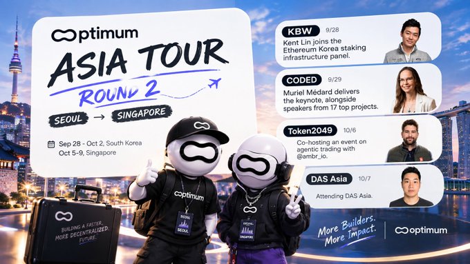A promotional graphic for the 'Optimum Asia Tour Round 2' traveling from Seoul to Singapore, listing speakers like Kent Lin (KBW, 9/28), Muriel Médard (CODED, 9/29), Token2049 (10/6), and DAS Asia (10/7), featuring two mascot characters.