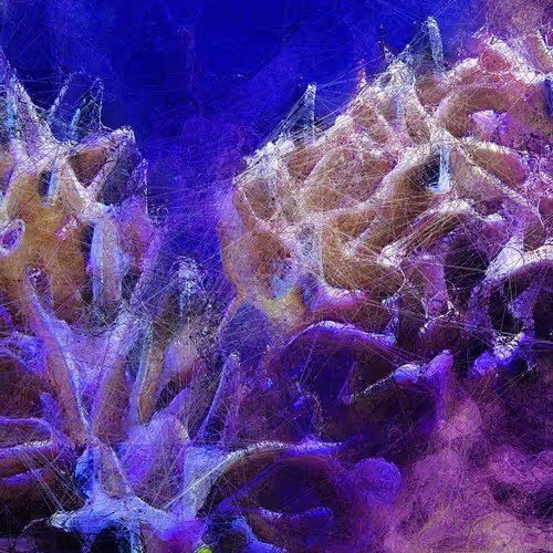 An abstract, vibrant image featuring jagged, mountain-like structures in purple and blue hues, covered in a web of fine, glowing white lines.