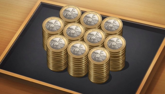A 3D rendering of stacks of gold coins featuring a kangaroo design arranged in a black display tray.