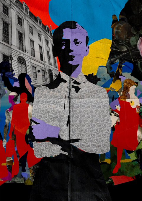 A collage of a man's face and body, surrounded by a cityscape with buildings and trees, creating an abstract representation of the human form.