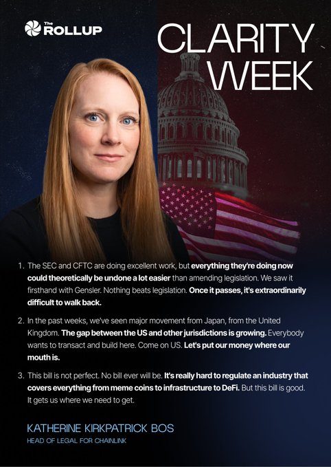 Promotional graphic titled 'CLARITY WEEK' from 'The Rollup' featuring Katherine Kirkpatrick Bos, Head of Legal for Chainlink, with quotes about SEC/CFTC regulation, US vs. other jurisdictions, and DeFi legislation.