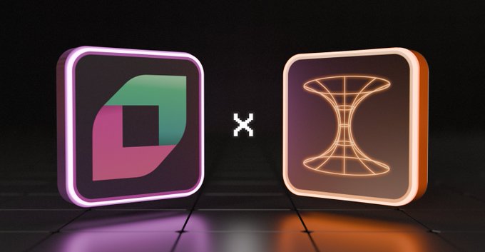A 3D-rendered graphic showing two glowing app icons with an 'x' between them: a pink/green icon on the left and an orange hourglass-shaped icon on the right, set against a dark background.