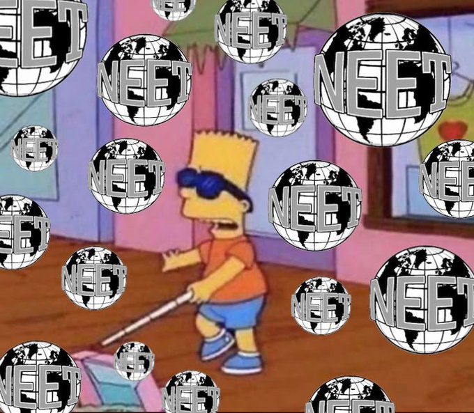 Bart Simpson is shown blindfolded while vacuuming the floor, surrounded by numerous black-and-white "NEET" globe logos covering the entire image. The meme humorously suggests that OG memecoins surviving the bear market are like a blindfolded Bart aimlessly cleaning up — completely oblivious and "blind" to stagnant, lifeless tokens with no buyer interest.