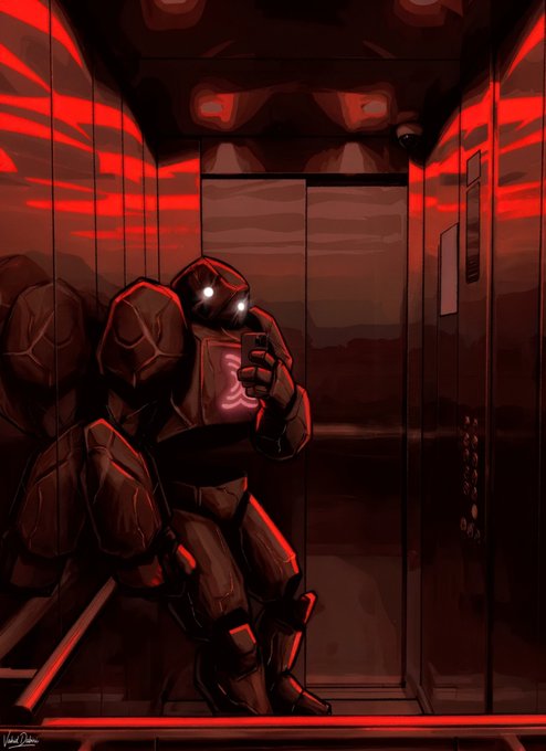 A stylized digital illustration of a futuristic, armored figure in a dark corridor illuminated by red lighting, with the helmet's glowing eyes reflected in a smartphone screen.