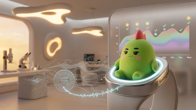A 3D rendered image of a cute green dinosaur-like character sitting on a futuristic white stand, with glowing digital effects and a screen showing weather information in the background of a sci-fi lab.