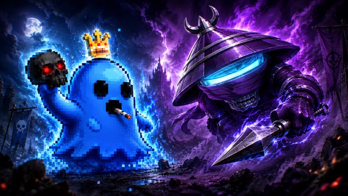 A fantasy digital artwork showing a pixelated blue ghost character facing off against a purple armored warrior with glowing blue eyes in a dark, stormy setting.