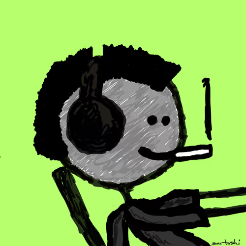 A crude digital drawing of a gray smiley face with a black bomb for a nose, wearing black clothing and holding what looks like a weapon, set against a bright green background.