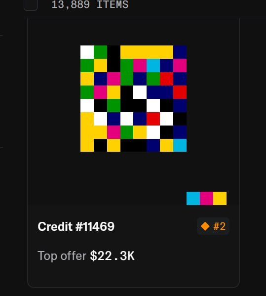A digital NFT listing showing a colorful pixel art square, credited as #11469, with a top offer of $22.3K.