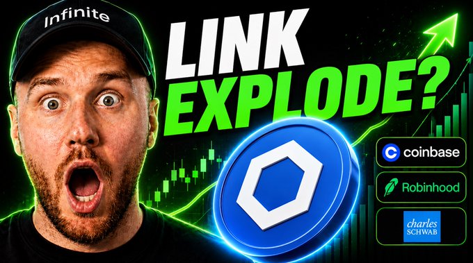 The thumbnail features a man wearing a black "Infinite" cap with a shocked expression, alongside large green text reading "LINK EXPLODE?" and a prominent Chainlink (LINK) logo, with logos for Coinbase, Robinhood, and Charles Schwab displayed on the right. The image relates to the post by promoting the creator's bullish video on Chainlink ($LINK) as a potentially undervalued crypto investment opportunity.