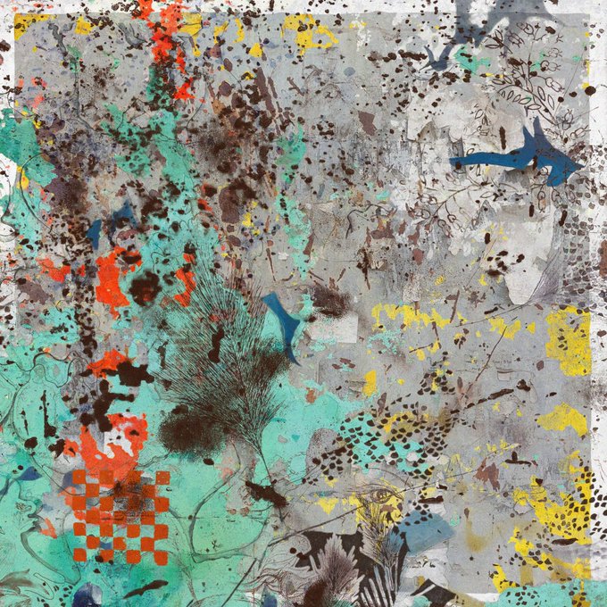 An abstract mixed-media artwork featuring splatters and organic forms in teal, orange, yellow, and dark brown over a textured gray background.