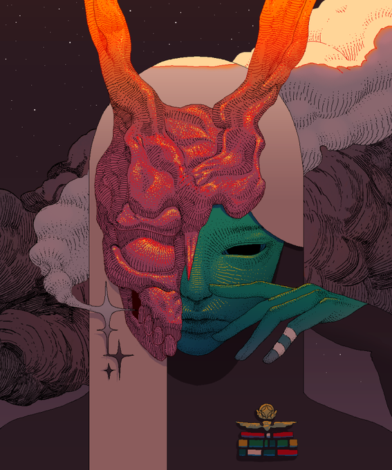 An illustration of a green-skinned figure with a partially red, textured demonic mask or face, wearing military ribbons against a surreal night sky background.