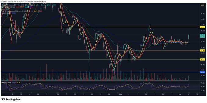 A TradingView candlestick chart for $DRAM on a 1-hour timeframe, dated September 5, 2025, shows a downward trend with multiple moving averages (20, 50, 100, 200 EMA) and an RSI indicator around 53.95, with the price hovering near the $58.70 level after recent declines from mid-summer highs.