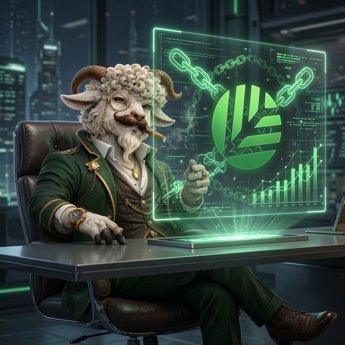 A digital illustration of an anthropomorphic goat with a monocle and mustache in a suit, sitting at a desk and pointing at a glowing green holographic display featuring chains and a green circular logo.