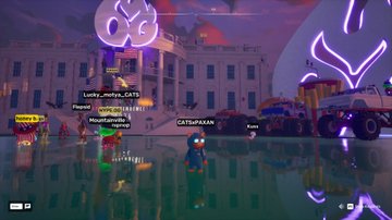 Another game screenshot featuring multiple characters (Lucky_motya_2371, CATtoAAAA, HouseoftheTiger) in a nighttime scene with a white building, neon ghost icon, and pink truck.