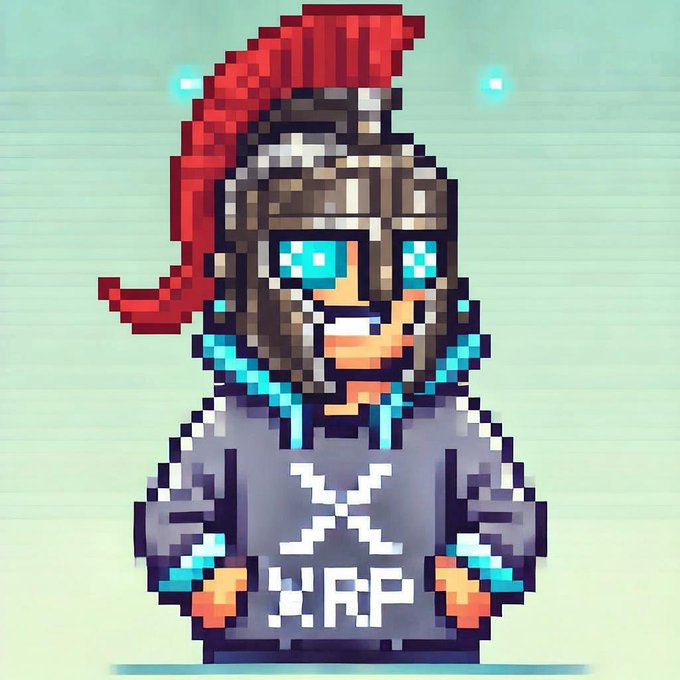 Pixel art character of a bearded warrior wearing a red crested helmet and grey armor with 'XRP' displayed on the chest plate, suggesting a crypto-themed mascot.