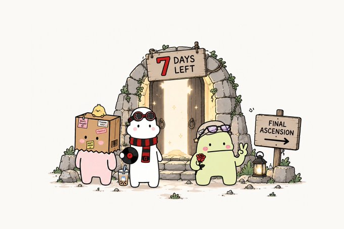 An illustration showing three cute cartoon characters—a pink one carrying a box, a white character in a red scarf holding a vinyl record, and a green character with goggles holding a rose—in front of a glowing stone portal with a '7 DAYS LEFT' sign and a 'FINAL ASCENSION' wooden signpost.