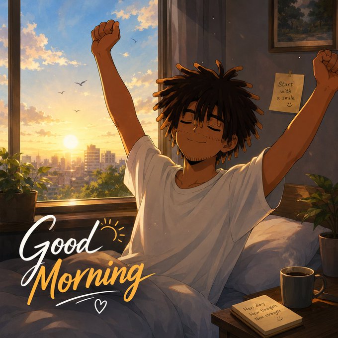 An anime-style illustration of a smiling character with messy dreadlocks stretching their arms up in bed by a window, with a 'Good Morning' doodle, a 'Start with a smile' note, and a cup of coffee nearby.