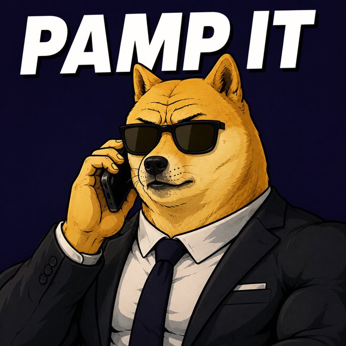 A cartoon illustration of a Doge-style Shiba Inu dog wearing a black suit, sunglasses, and talking on a smartphone, with the bold white text 'PAMP IT' above.