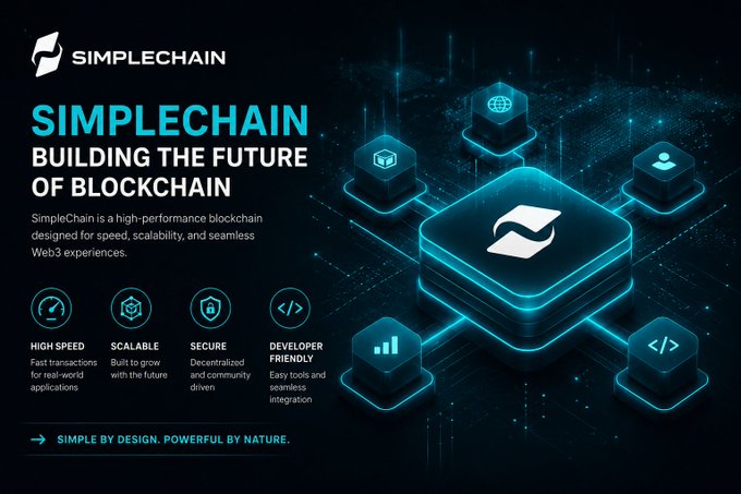 A promotional graphic for 'SIMPLECHAIN - BUILDING THE FUTURE OF BLOCKCHAIN' featuring a 3D cube logo and icons for High Speed, Scalable, Secure, and Developer Friendly features.