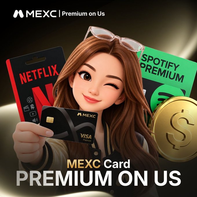 Promotional advertisement for 'MEXC Card' featuring a 3D-styled animated woman holding a MEXC Visa Platinum card, with Netflix and Spotify Premium gift cards and a gold dollar coin in the background, captioned 'PREMIUM ON US'.