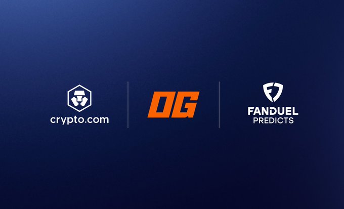 The image features a blue background with three white logos, including "OG", "Crypto.com", and "Fanduel". The text below the logos reads "Thrilled to partner with Fanduel to power prediction markets offering Huge win for OG Prediction Markets." This suggests that the image is promoting a new cryptocurrency called "OG" or "Prediction Markets", which could be related to predicting future trends in various industries.