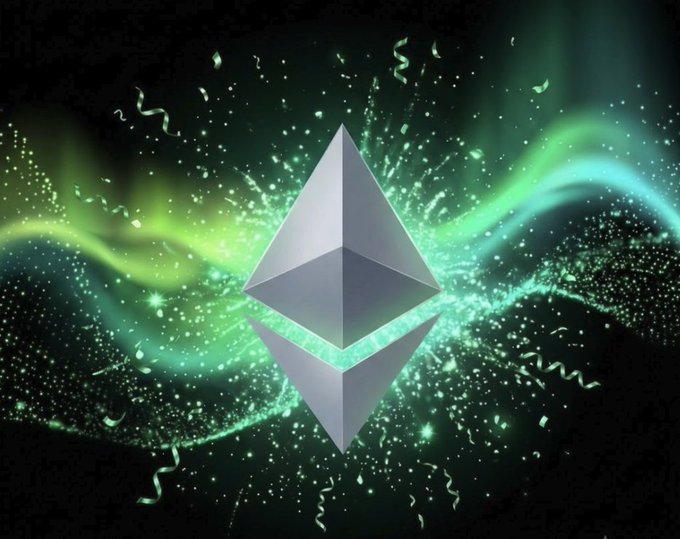 The image depicts the Ethereum logo with a festive, celebratory background of green and blue swirls and confetti, echoing the tweet's message of celebrating Ethereum's 11th birthday and its foundational role in DeFi.