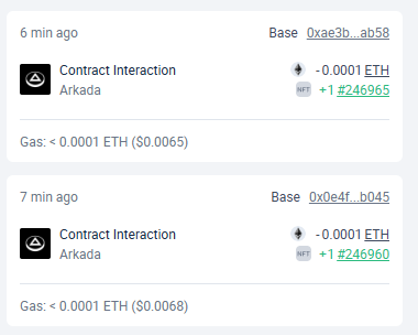 The image shows two separate lists of information, one with the text "Contract Interaction" and another with the text "Base", "XeaEffb45", and "0.01eth". The first list appears to be a list of options for users to choose from when interacting with others in the network or when trying to claim XP. The second list is a list of numbers, possibly representing the amount of gas required to complete tasks on the testnet network. The image does not provide any context about what these lists are related to and how they connect to each other.