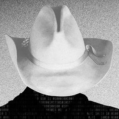 A black and white photograph of a person wearing a classic white cowboy hat and dark sweater.
