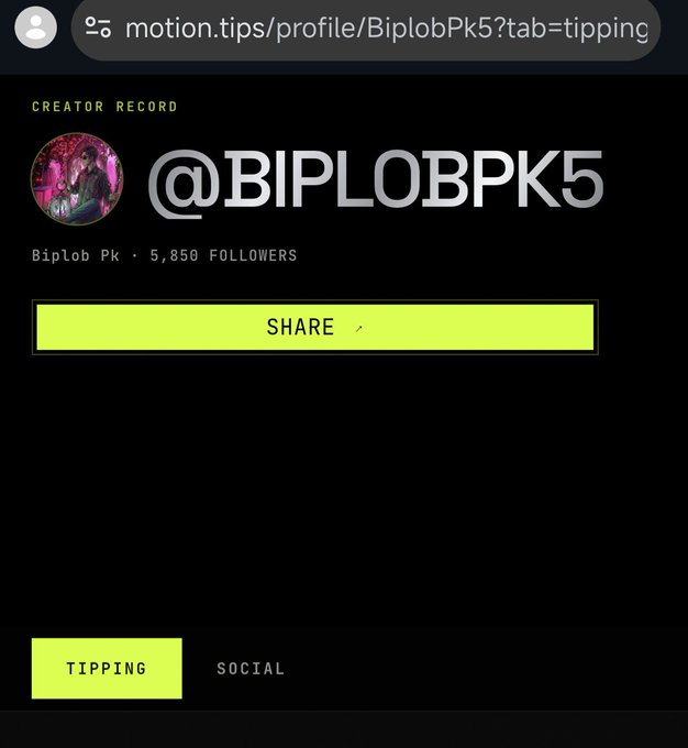A screenshot of a mobile browser showing a profile page on motion.tips with the handle '@BIPLOBPK5', 5,850 followers, and bright yellow 'SHARE' and 'TIPPING' buttons.