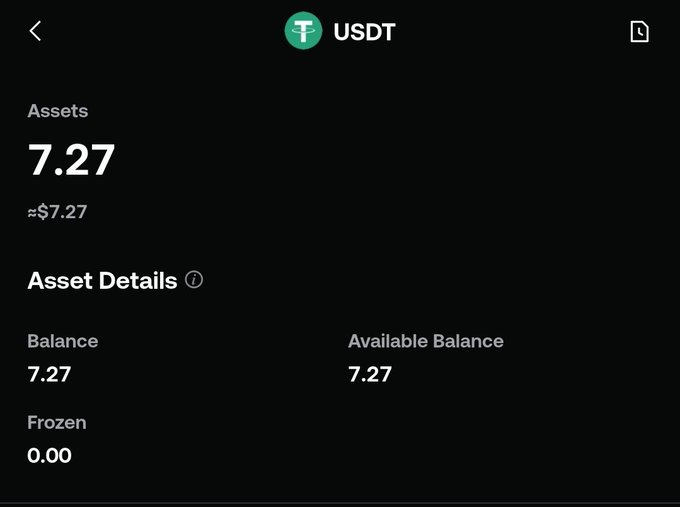 A screenshot of a cryptocurrency wallet showing a USDT (Tether) asset balance of 7.27 USDT, with $7.27 equivalent value, 7.27 available balance, and 0.00 frozen. The image serves as proof of receiving the $7 USDT gift mentioned in the post, where the user was unexpectedly blessed with the small crypto amount from a foreign follower.