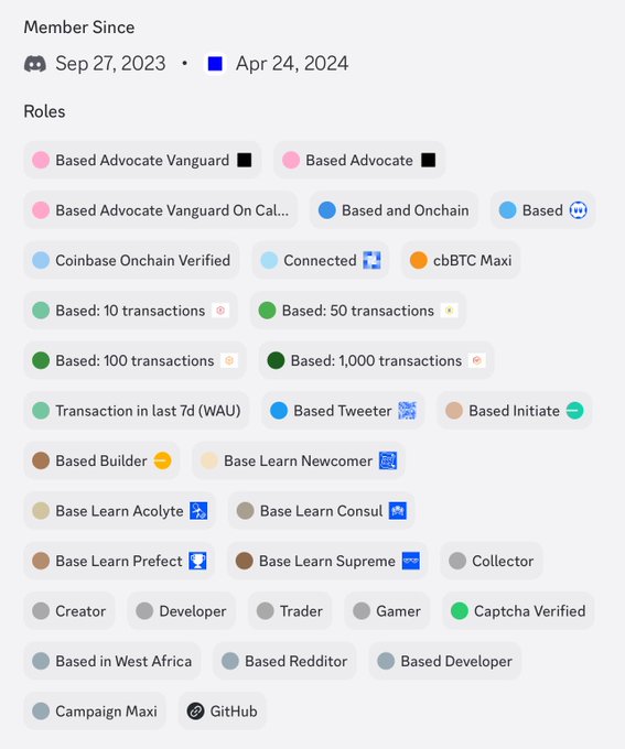 A profile page displays Base ecosystem roles and badges, including “Based Advocate Vanguard,” “Coinbase Onchain Verified,” “cbBTC Maxi,” transaction tiers, “Captcha Verified,” and “GitHub.”
