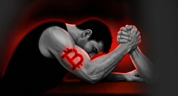 Digital artwork of a man kneeling with clasped hands in a praying pose against a dark red background, featuring a red Bitcoin (₿) symbol on his upper arm.