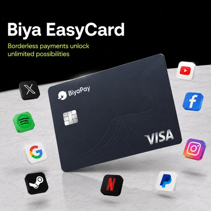 An advertisement for 'Biya EasyCard' by BiyaPay, a Visa card promoting 'Borderless payments unlock unlimited possibilities' alongside various social media and service icons.