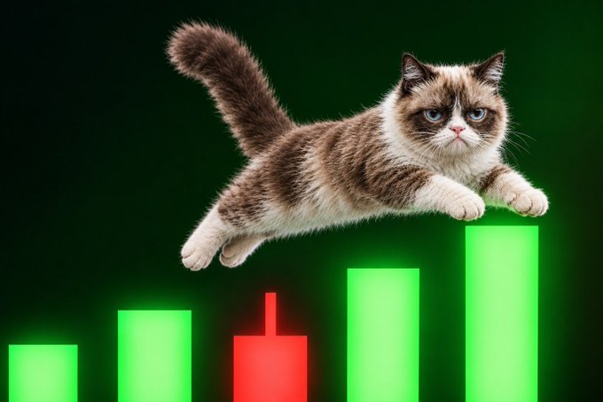 A grumpy-looking brown and white cat leaps across a green and red bar chart on a dark green background, representing financial market volatility.