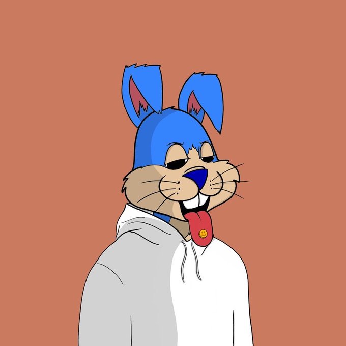Digital illustration of a cartoon blue rabbit character with droopy eyes, tongue hanging out, wearing a gray hoodie against an orange background.