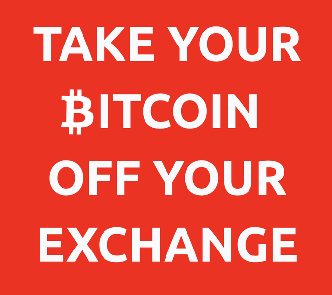 A bold red graphic with white text reading "TAKE YOUR ₿ITCOIN OFF YOUR EXCHANGE," using the Bitcoin symbol in place of the "B."