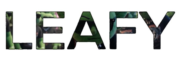 The image displays the word "LEAFY" in bold, uppercase letters filled with a camouflage-style pattern of green foliage and dark accents, serving as a banner image for the Solana token $Leafy on Moby. The nature-themed design of the text aligns with the token's name and likely its branding focus.